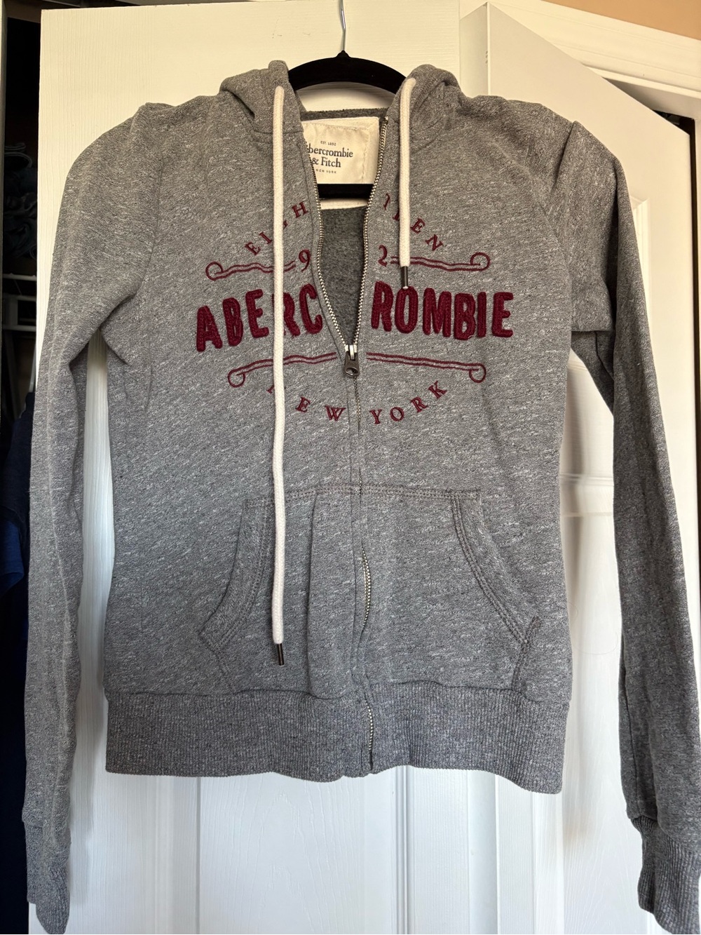 Abercrombie & Fitch Gray Zip Hoodie with Burgundy Logo